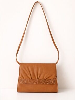 Vintage Gucci Cognac Leather Shoulder Bag Clutch Croc Trim Italy